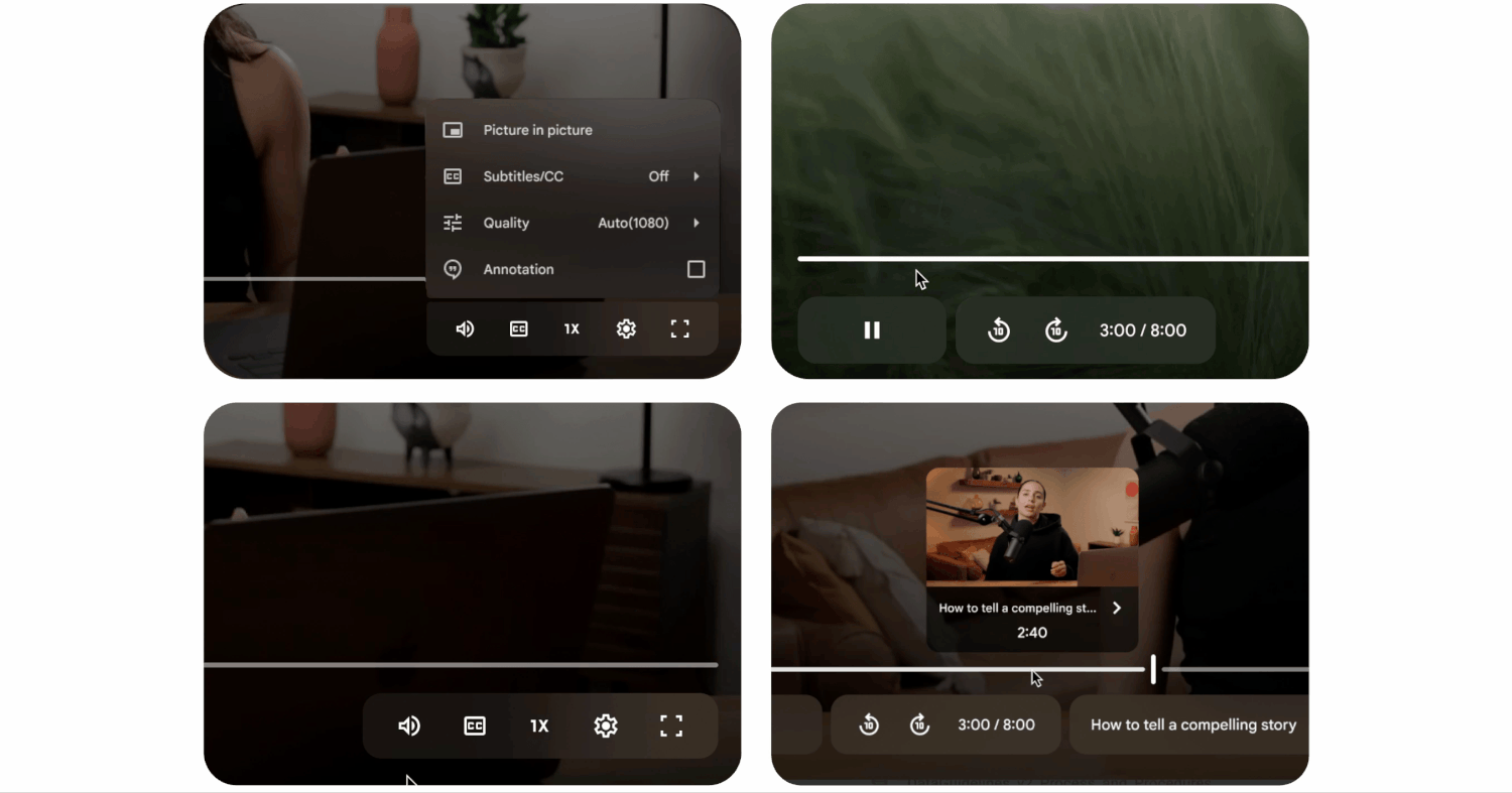 Video player UI details - settings, timeline, volume, chapters